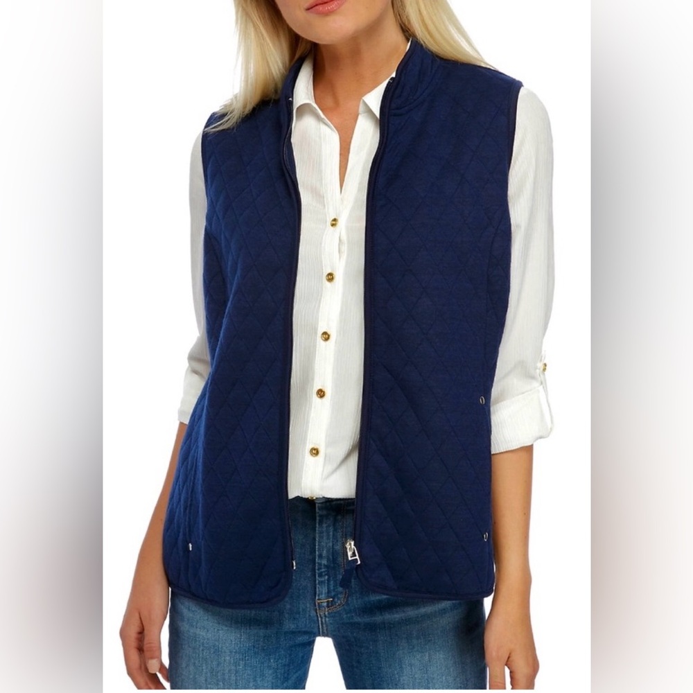 Kim Rogers Navy Blue Vest Med Petite Quilted Zip Side Rib Pockets NWT $49.50